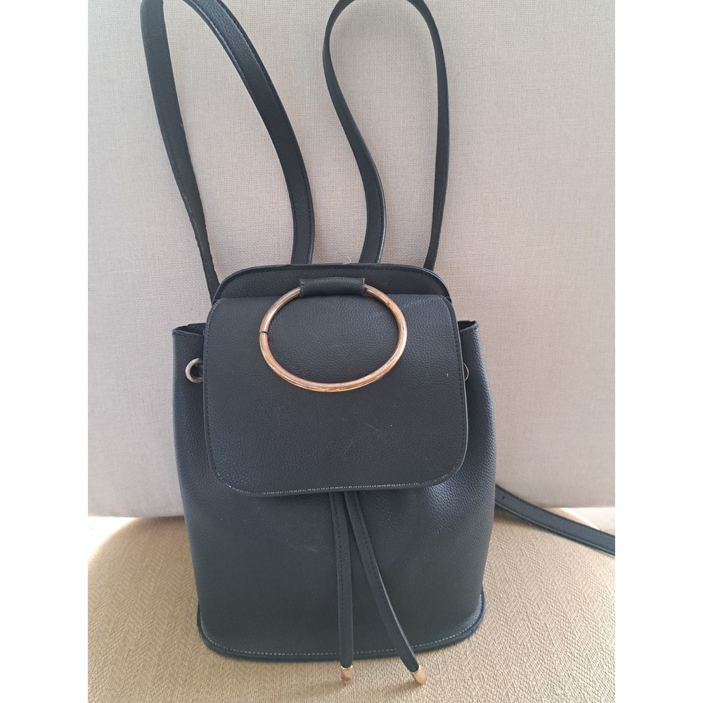 BECOOL Women Black Pebbled Vegan Leather Mini Backpack Rose Gold Ring Handle